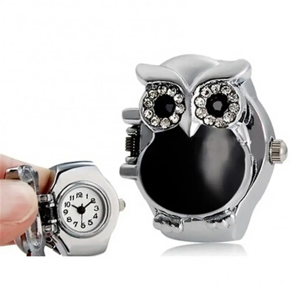 Women Quartz Watch Ring Girl Shiny Rhinestone Owl Case Stainless Steel Elastic Finger Ring Watch