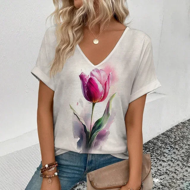 Streetwear women's short-sleeved tops 3D ink painting print ladies V-neck shirt T-shirt tops simple daily floral short-sleeved