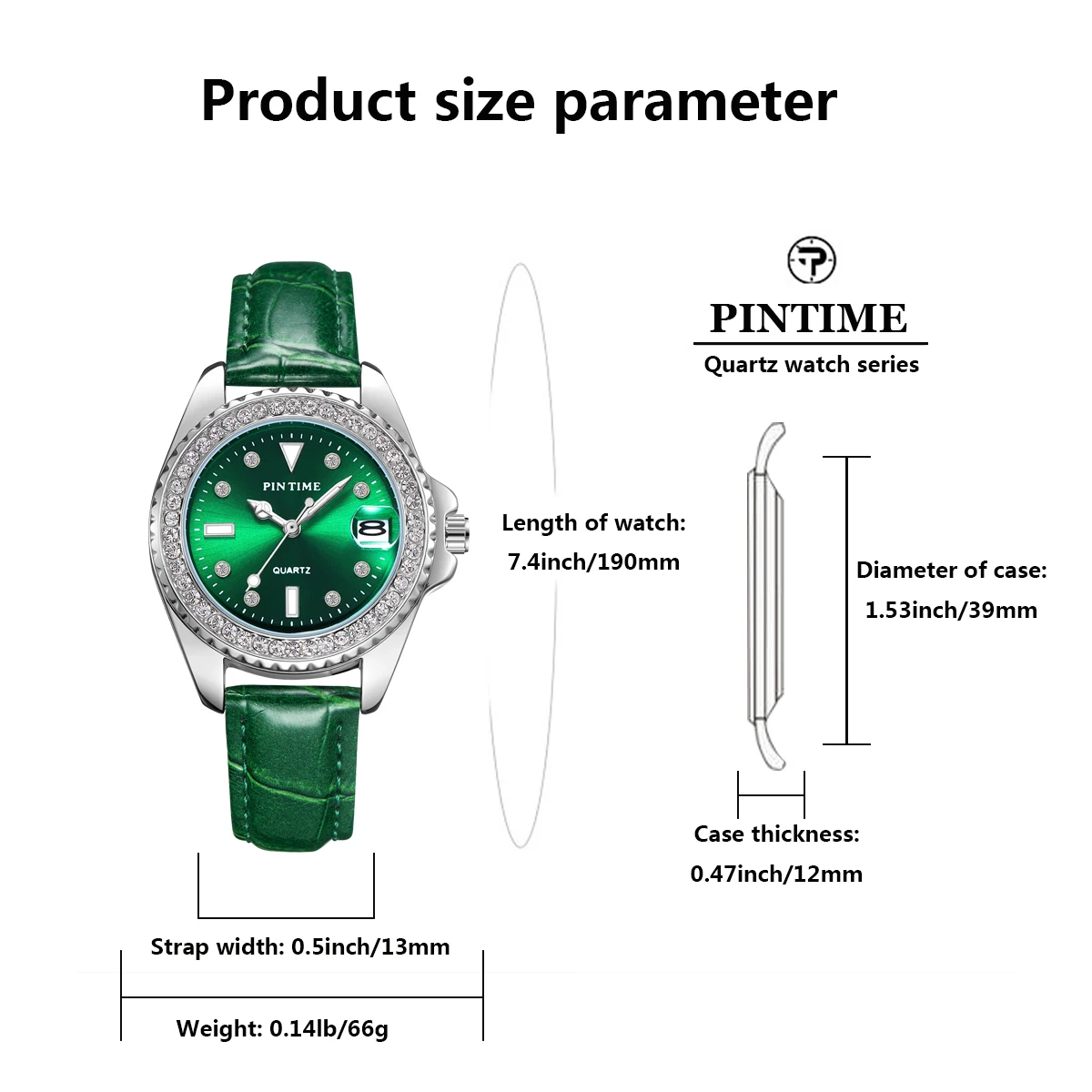 PINTIME Watch for Women Vintage Agate Green Leather Strap Diamond Dial Luminous Waterproof Calendar Quartz Wristwatch Relogios