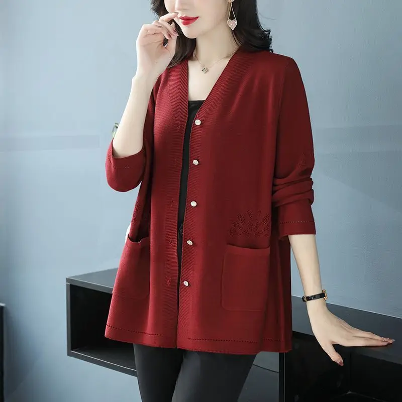 Cardigan Mother's Outfit Women's Long Sleeved Thin Loose 2223 Spring and Summer New V-neck Knitted Large  Women B142