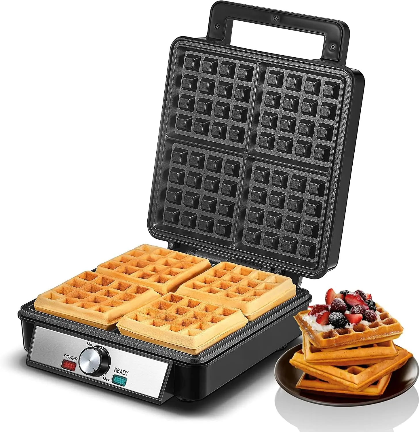 

1200W Belgian Waffle Maker 4-Slice, Stainless Steel, 5 Browning Levels, Non-Stick Surfaces, Silver/Black, - Perfect for
