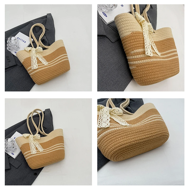 Nuova borsa in filo di cotone intrecciata a mano all\'uncinetto borsa da donna estiva Casual di grande capacità borsa da viaggio intrecciata in paglia