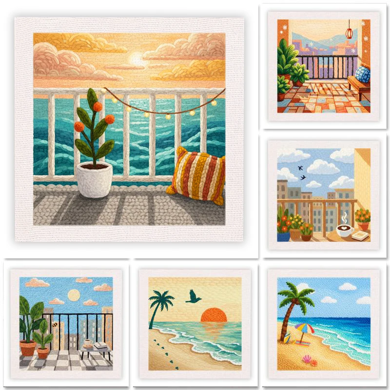 

RUOPOTY Seaside Scenery Punch Needle Frame Home Wall Decor Hand Embroidery Kit Landscape Needle Punch Kit For Beginners Arts ﻿