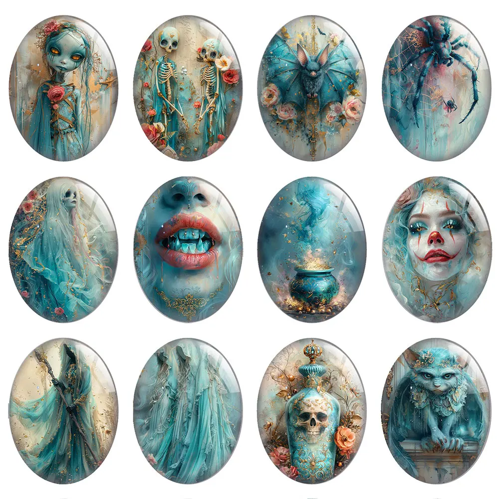 10pcs/lot Halloween Blue Skull Horror Gothic Death Spider Oval Photo Glass Cabochon Flatback Demo Cameo For Diy Jewelry Making