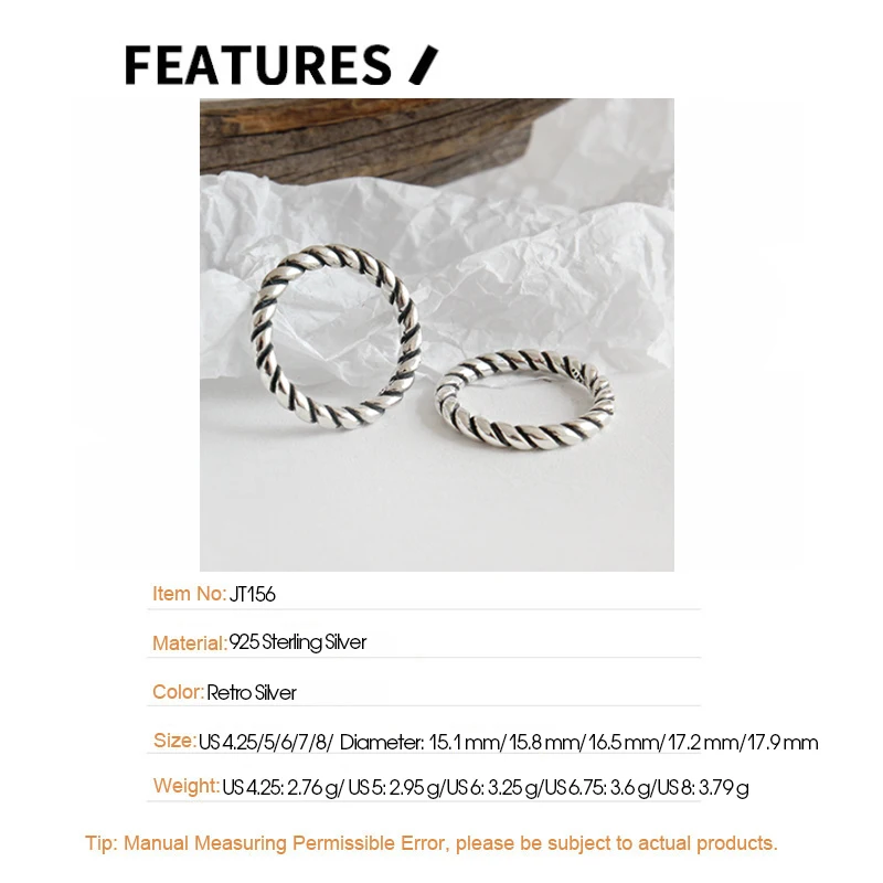 F.I.N.S Women Real 925 Sterling Silver Rings for Women Retro Twist Ring Vintage Style Minimalist Jewelry 925 Silver Ladies Ring