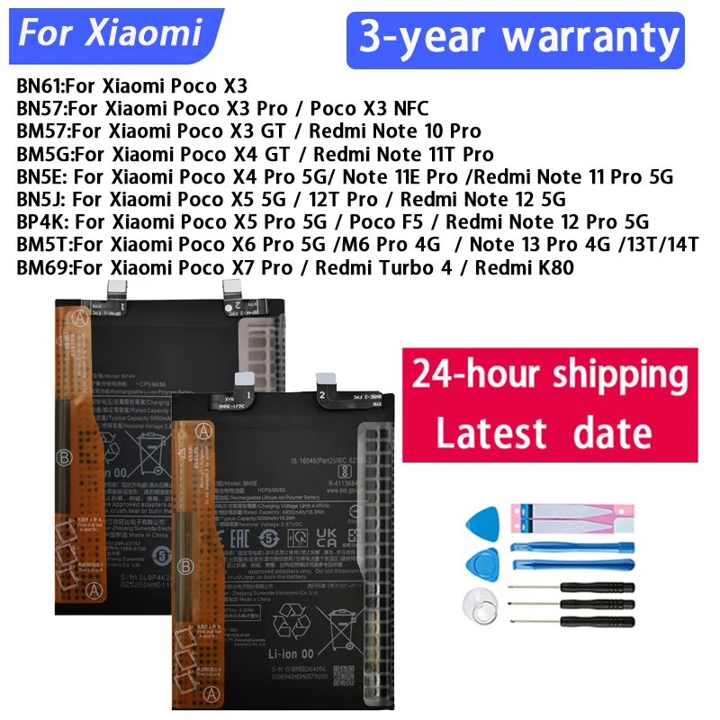 Origina BP4K BN57 For Xiaomi Poco X3 X4 X5 X6 X7/ Redmi Note 10 11 11T 11E 12 12T 13 13T 14T GT Pro 5G BN5E BM5T BN5J Batería