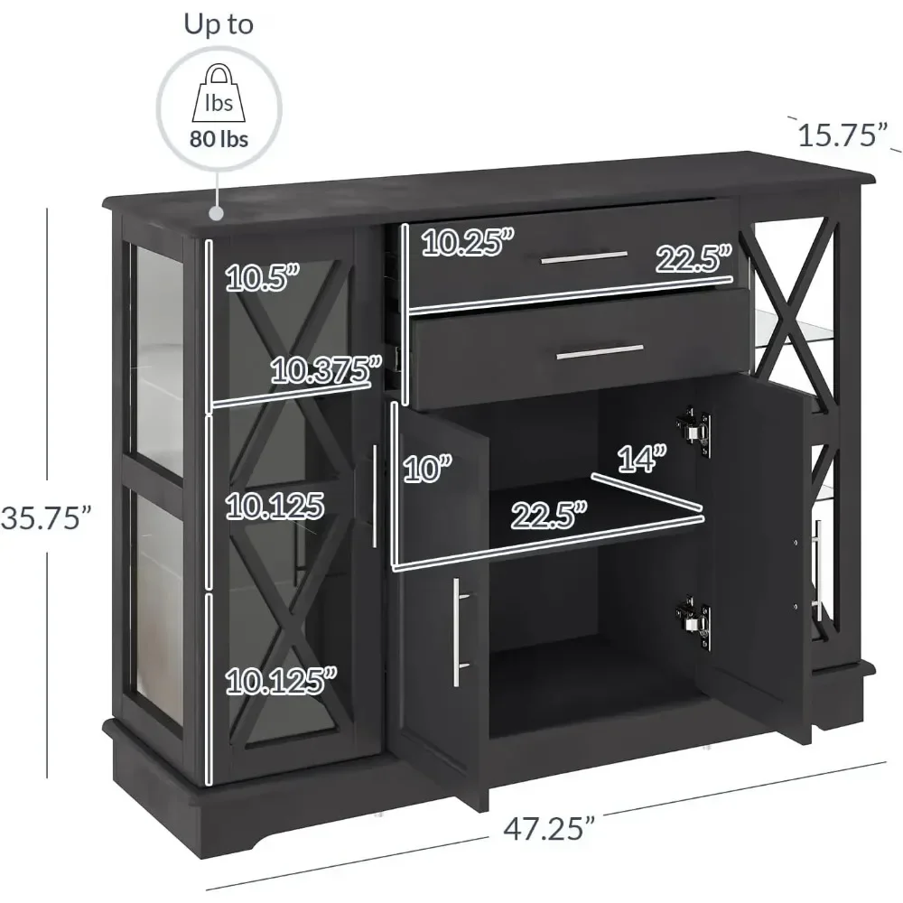 Sideboard Buffet, Storage Console Table Coffee Bar Kitchen Cupboard Pantry Glass Display Cabinet for Lving Entryway Dining Room