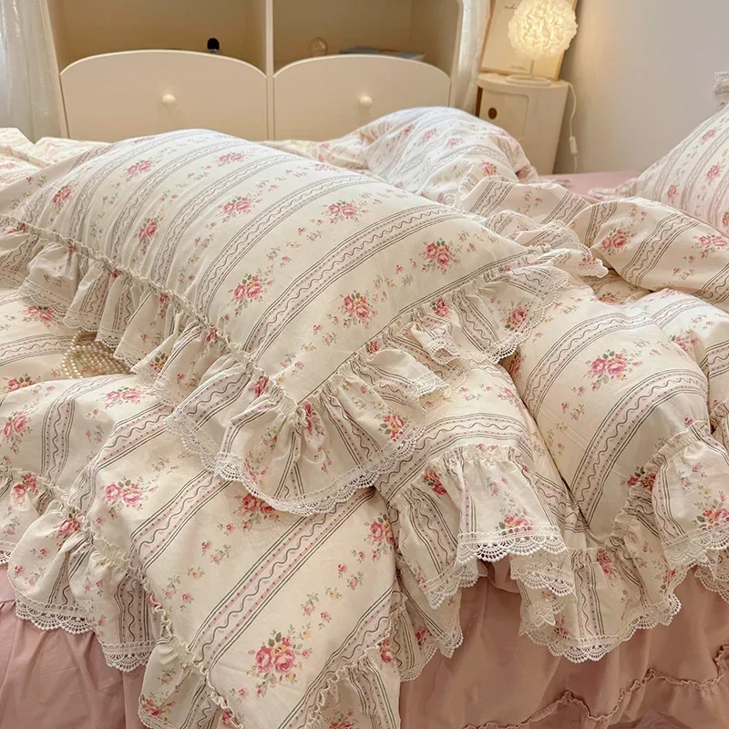 100% Cotton Vintage Countryside Rose Floral Lace Ruffles Duvet Cover Set Bed Skirt Or Bed Sheet Pillowcases Girls Bedding Set