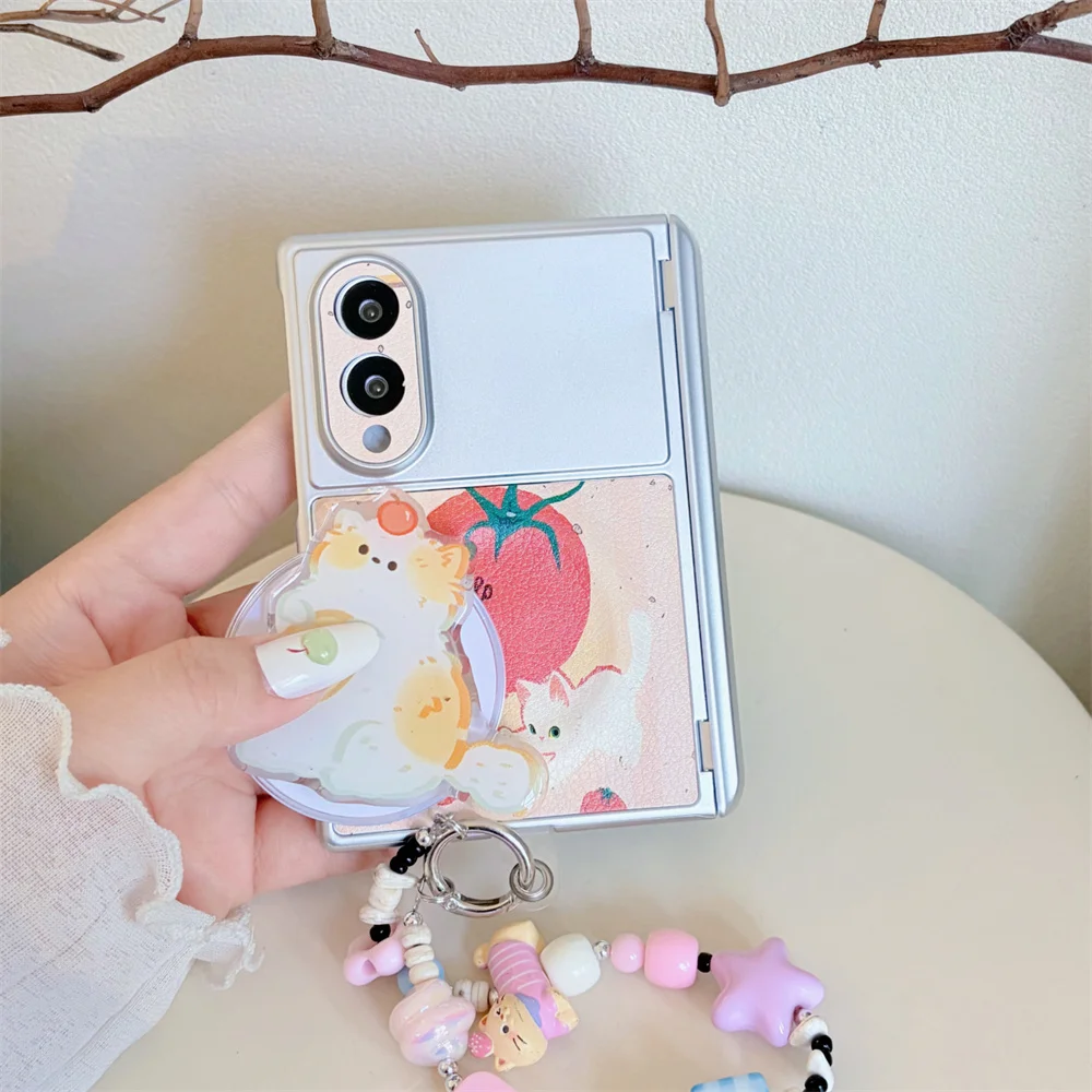 Kawaii Cartoon Cat Case For Samsung Galaxy Z Fold 8 Ultra Lovely Kitten Magnetic Holder Lanyard Sweet Aesthetic Hard Phone Shell