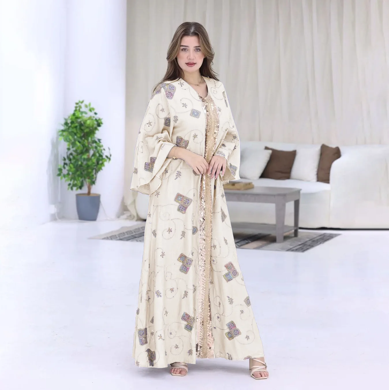 Fashion Sequin Abayas Maxi Evening Party Long Sleeve Turkey Dress Muslim Women Dubai Kaftan Islam Clothing Wedding Plus Size New