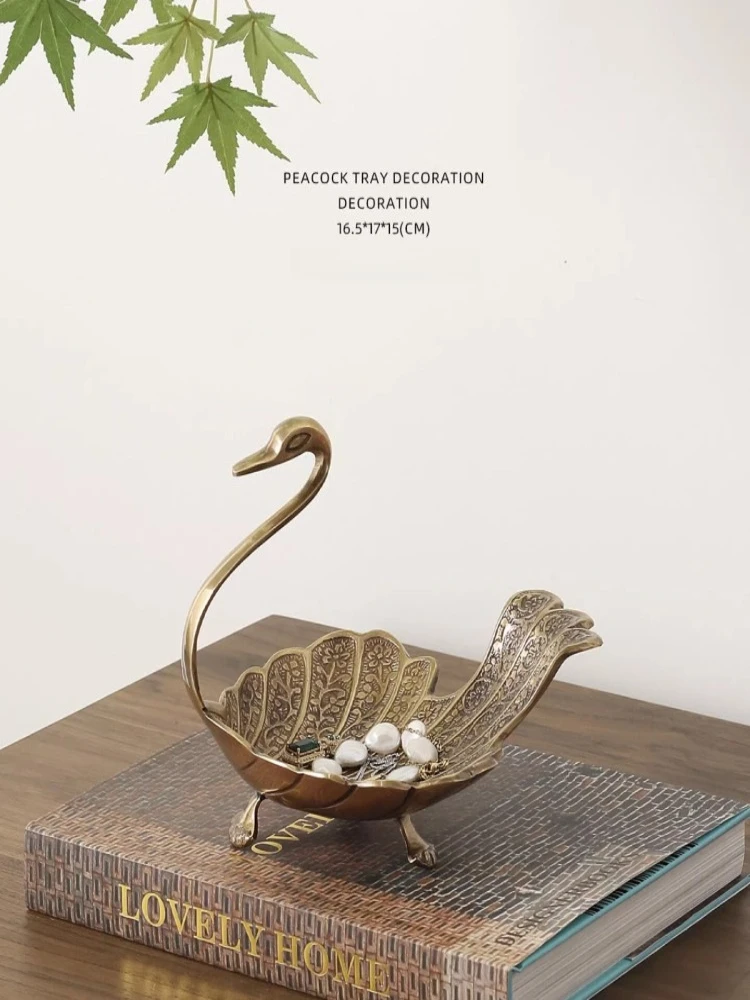 

Handcrafted Brass Peacock Storage Tray Coffee Table Dry Fruit Snack Plate Swan Jewelry Dish Decorative Fruit Tray Ornaments
