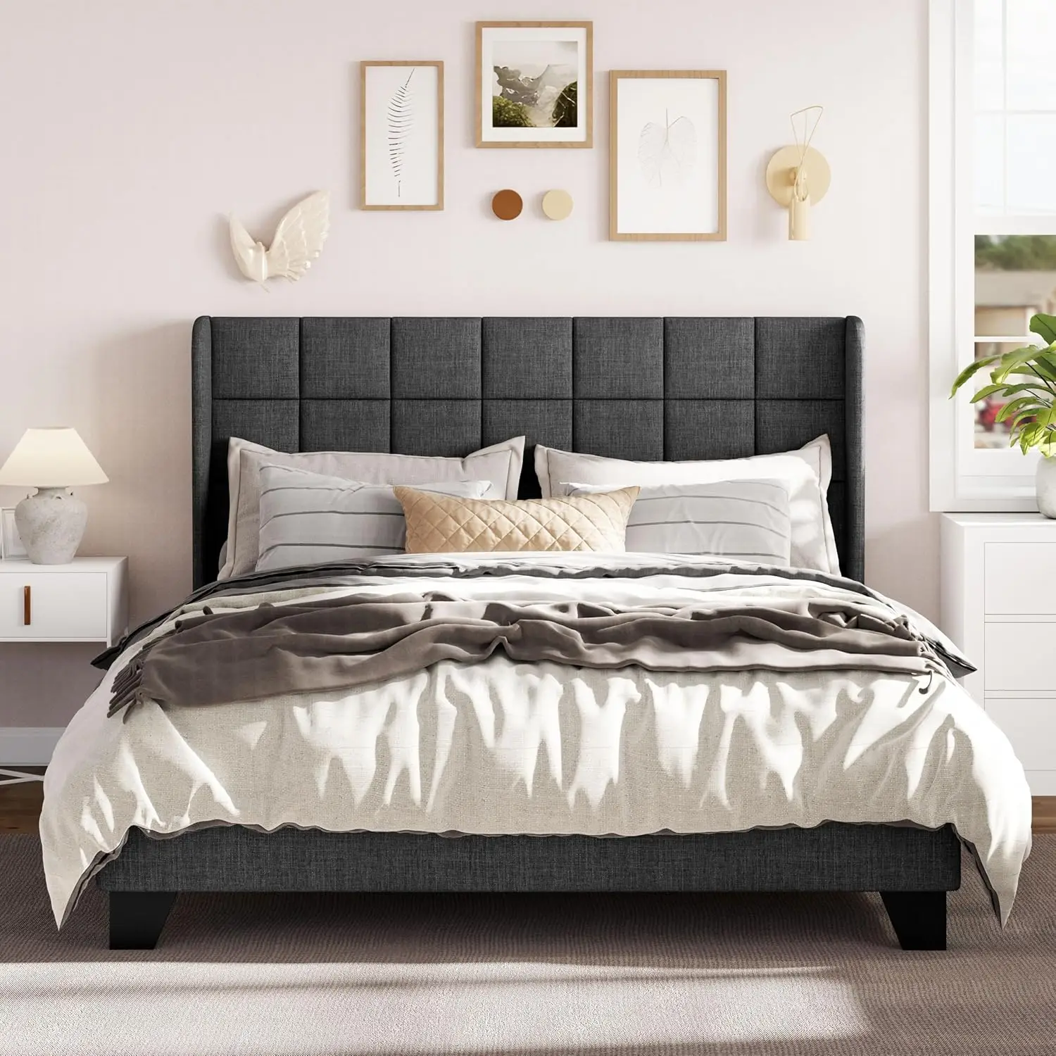 Size Platform Bed Frame with Wingback, Fabric Upholstered Square Stitched Headboard and Wooden Slats, Mattress Foundation, Box S