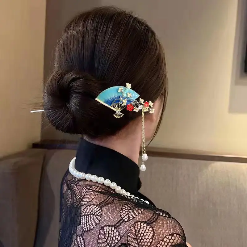Chinese Ancient Fan-shaped Hairpin Oil Painting Flower Side Clip Temperament Pearl Tassel Hairpin Cheongsam Hanfu Accessories