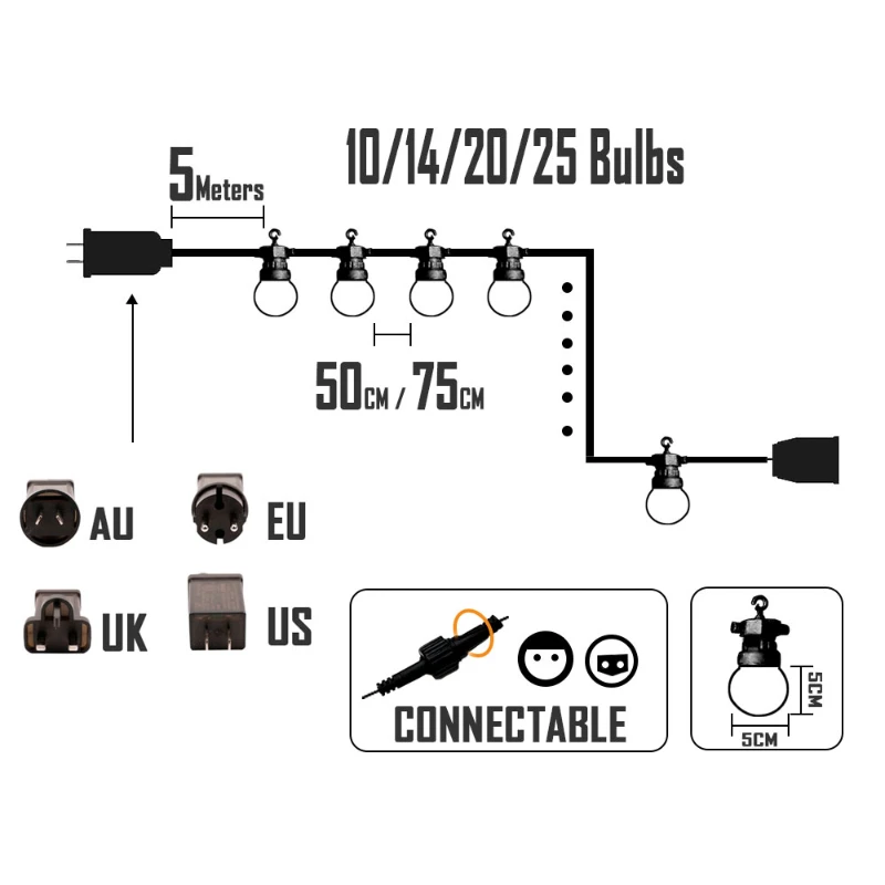 ไฟสายแบบเทพนิยาย LED กลางแจ้งกันน้ำลาย G50ลูกโลกหลอดไฟไฟประดับคริสต์มาสสำหรับลานบ้านต้นไม้วันหยุดงานแต่งงานตกแต่งเฉพาะบุคคล