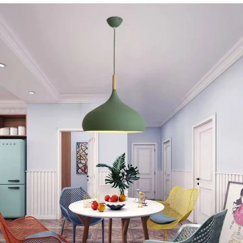 

Nordic Colored Chandelier Wooden Pendant Light Bedroom Living Room LED Lamp Single Head Aluminum Children Room Lighting Fixture