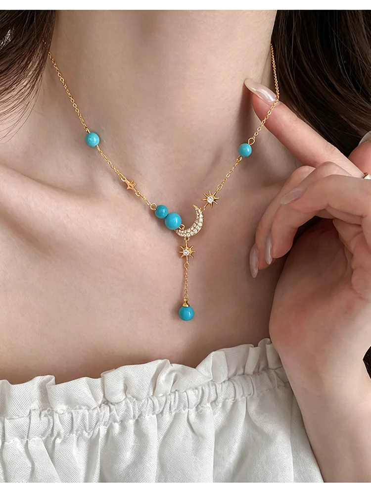 Goldfarbene Y-förmige Stern-Mond-Anhänger-Halskette für Damen mit Perlen, Zirkonia, Halbmond-Choker, elegante, zarte, verstellbare Kette, Schmuckgeschenk – Detail 6