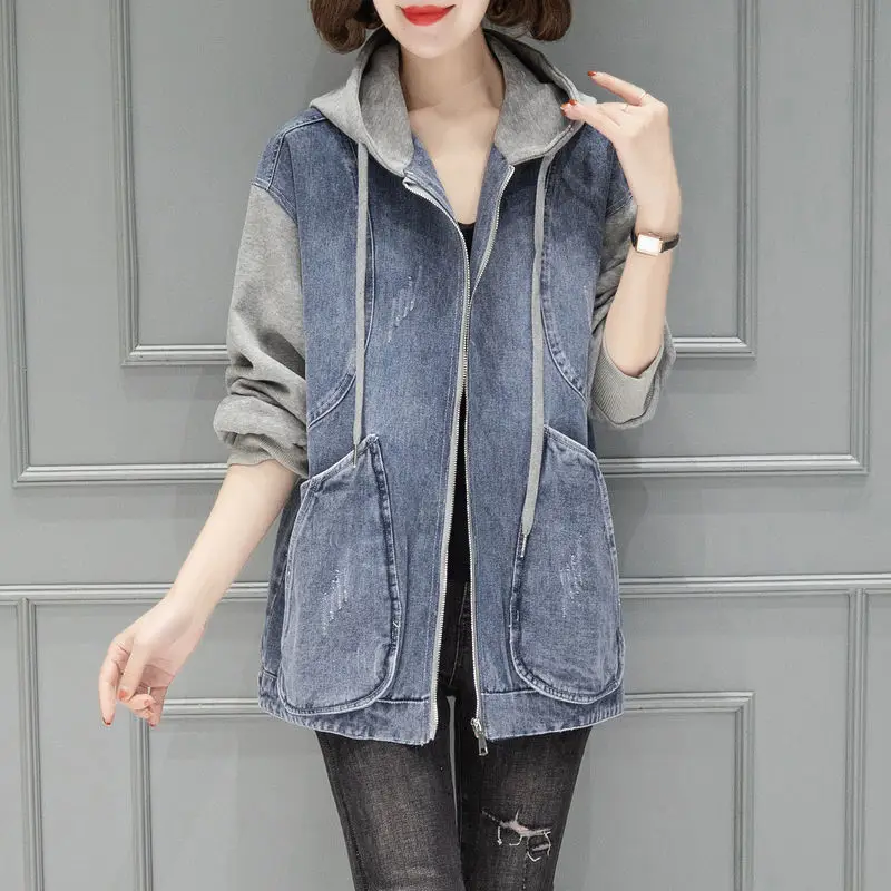 Fashion Zipper Pockets Spliced Hooded Denim Coats Female Clothing 2024 Autumn Winter New Loose All-match Tops Casual Jackets