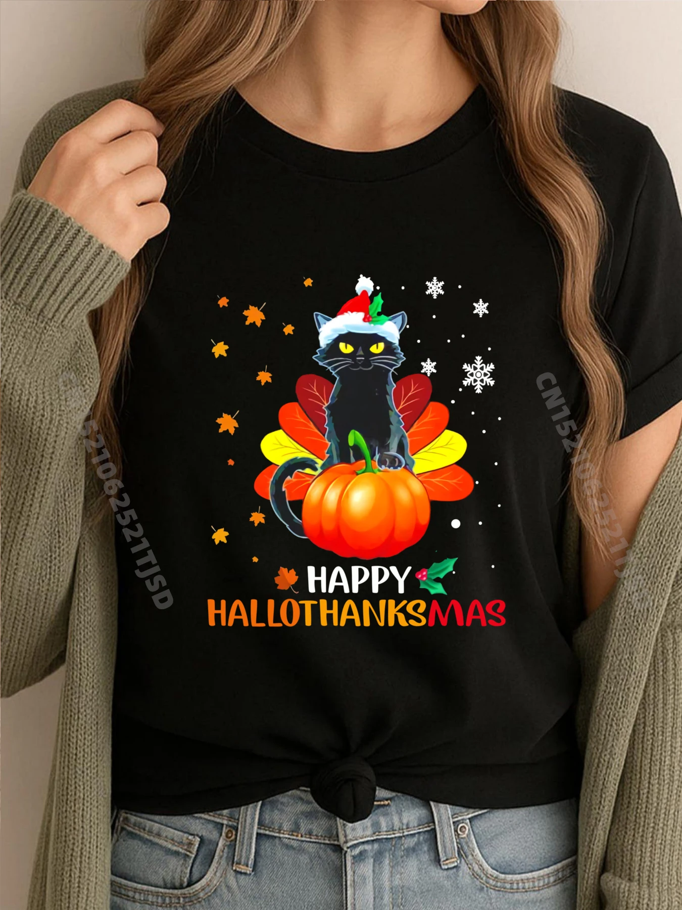 

Черный кот Хэллоуин и веселый Рождество Happy Hallothanksmas Хип-хоп Уличная одежда Camiseta Masculina