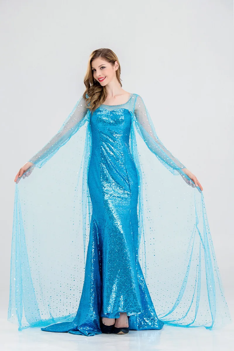 

Синее платье принцессы в стиле феи с пайетками и шлейфом, с сетчатым плащом, для взрослых, стройнящее, для сценических выступлений