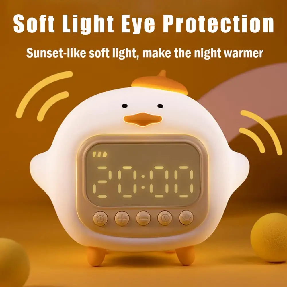 LED Time Display Night Light Cute Duckling Wake Up Volume Adjustable Alarm Clock Room Decorative Rechargeable Lamp Children Gift