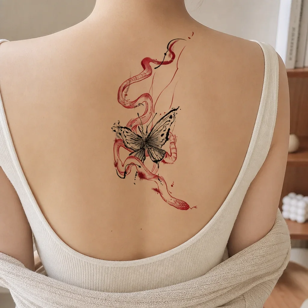 1 Sheet Per Pack Temporary Tattoo Sticker Red and Black Waterproof Long Lasting Butterfly Snake Fine Line Back Spine for Women
