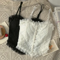 Women Summer Sexy Lace Tank Tops With Bra Pad Pleated Backless Button Crop Top Off Shoulder Sweet Elastic Extravasation Tube Top