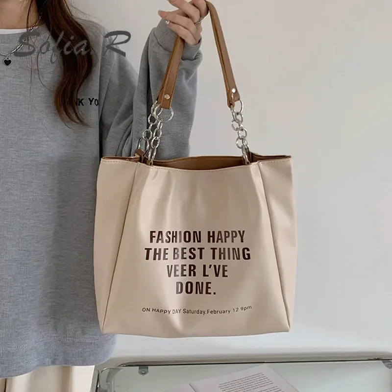 New PU Large Capacity Tote Bag Female Contrast Letters Fashion Shoulder Commuter Student Big Handbags Bags