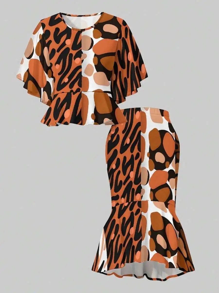 

Womens Oversized Batwing Sleeve Top And Fishtail Skirt Set With Animal Print