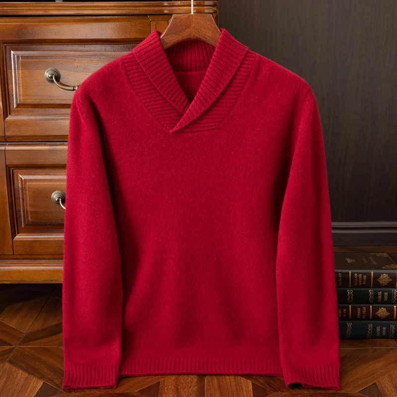 Men's Round Neck Pullover Cashmere Knit Bottoming Shirt 100% Pure Wool Loose Solid Color Casual Jacquard Sweater