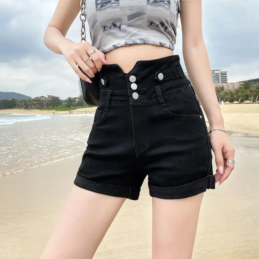 

Джинсы-шорты женские с высокой талией, А-силуэт, универсальные, летние, стройнящие, прямые, модные, с множеством карманов