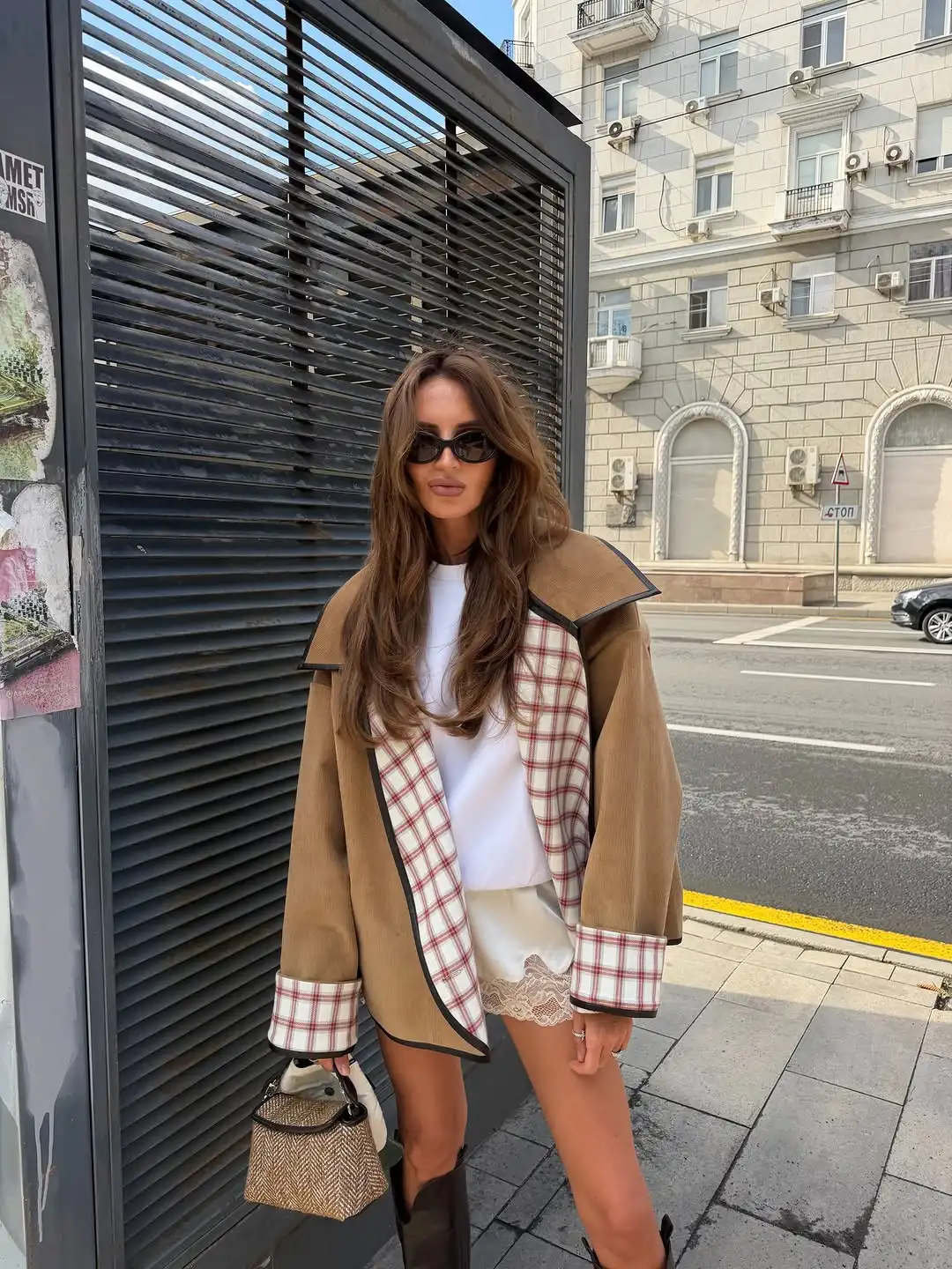 Women Open Front Lapel Oversized Coat Contrast Edge Plaid Inner Lining Loose Long Sleeve  New Casual Daily Chic Street Outerwear