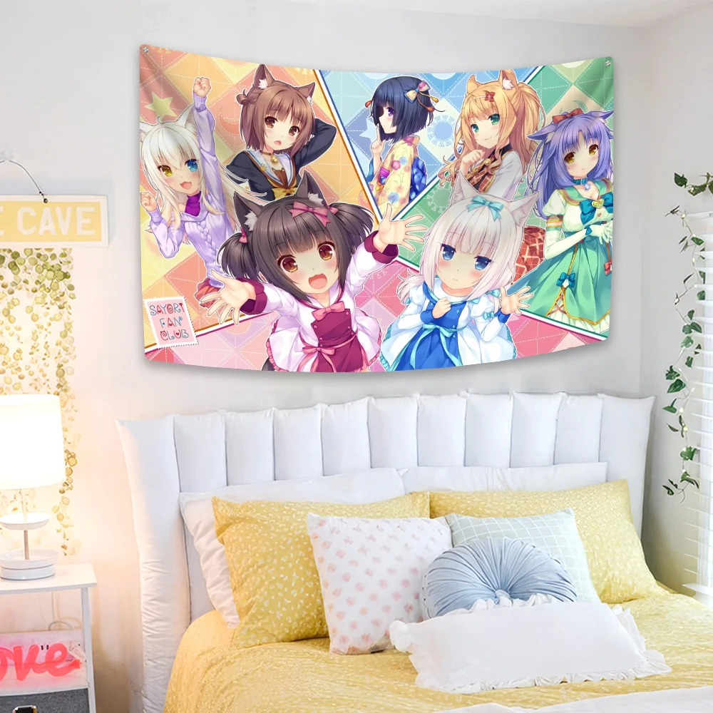 XxDeco Kawaii Anime Tapestry Nekopara Printed Cute Wall Hanging Room Decor Large Fabric Of Dorm Backdrop Cloth Sofa Blanket