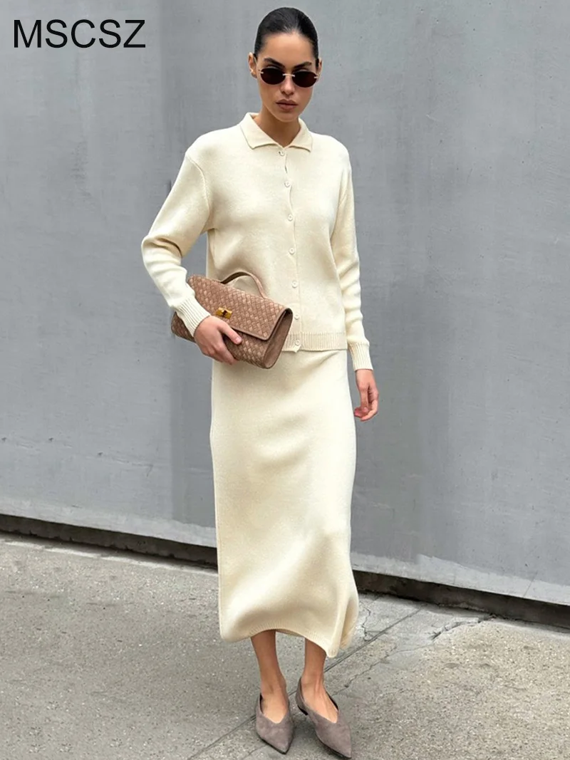 

MSCSZ Women's Winter Knitted 2 Pieces Set Long Sleeve Sweater Skirt Sets Ribbed Knit Cardigan and Long Skirt Outfit 2025