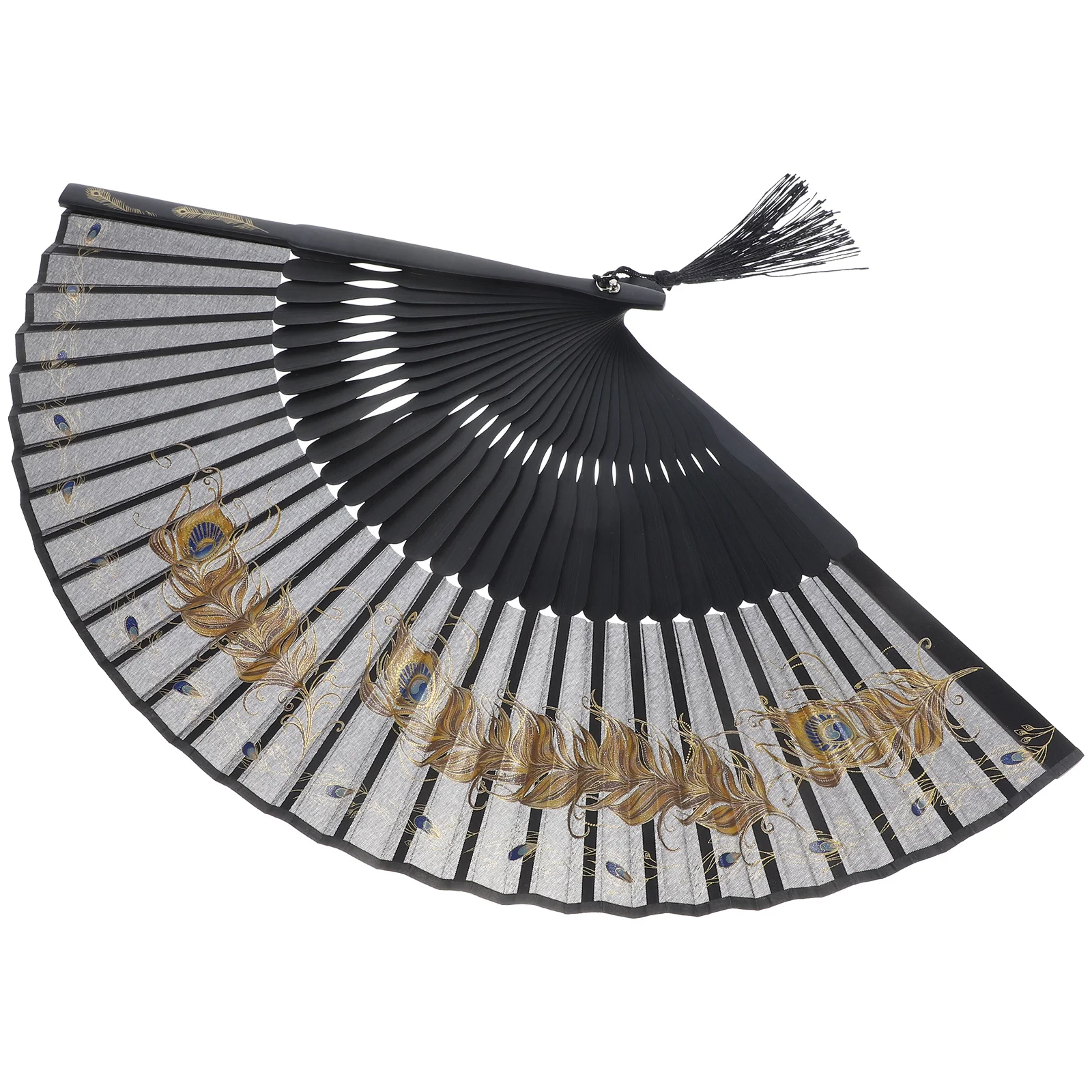 

Peacock Plume Pattern Fabric Hand Fan Folding Fan Sturdy Bamboo Bone Multi-Use Dance Performance Summer Travel