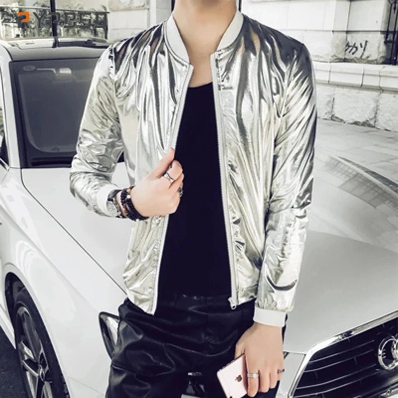 

Windbreaker Gold Silver Jacket for Men Fashion Autumn Streetwear Slim Zipper Hip Hop Nightclub Shiny Singer Stage Costume Men