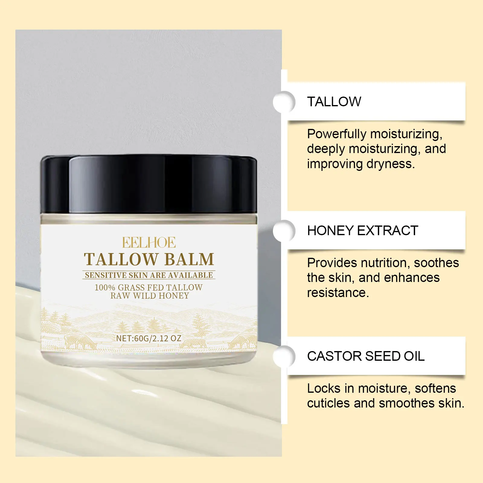 EELHOE Tallow Moisturizing Body Cream for Firm and Radiant Skin with Deep Hydrating and Nourishing Anti-wrinkle and Fine Lines