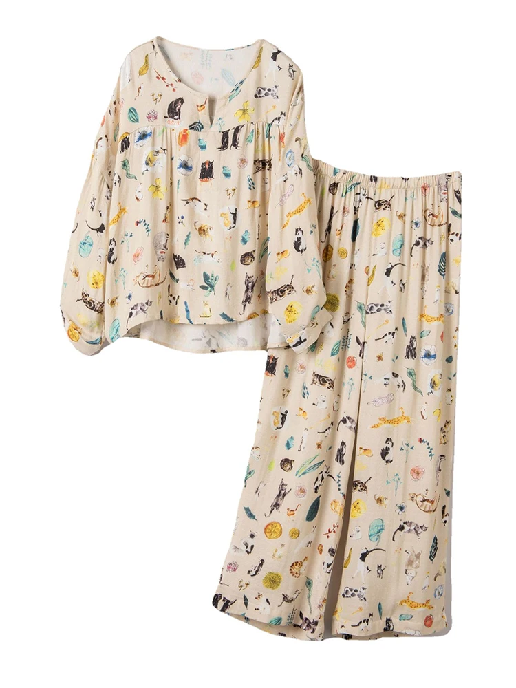 

Japanese Style Cotton Women's Pajama Set Cat Kitten Print Two Piece Long Sleeve Tops Elastic Waist Pants Loose Lounge 1908