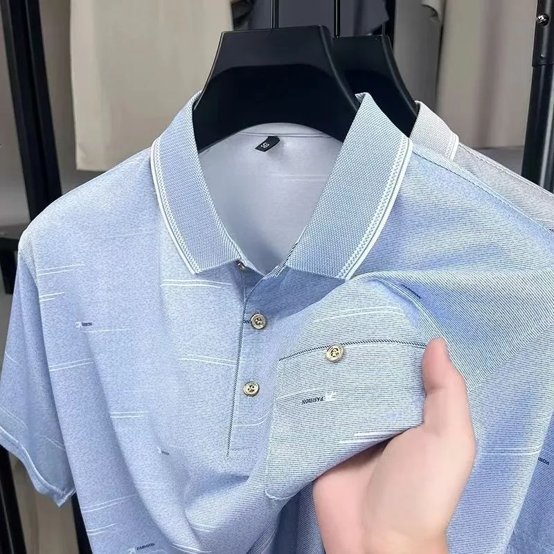 Summer Ice Silk Men's Short Sleeve T-Shirt Middle-aged and Elderly Collar Casual Polo Shirt Top