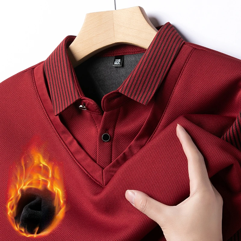 Men\'s Winter Fleece Fake Two Piece T-shirt Button Striped Polo Shirt Long Sleeve Fashion Casual Thicken Solid Lapel Male Tops