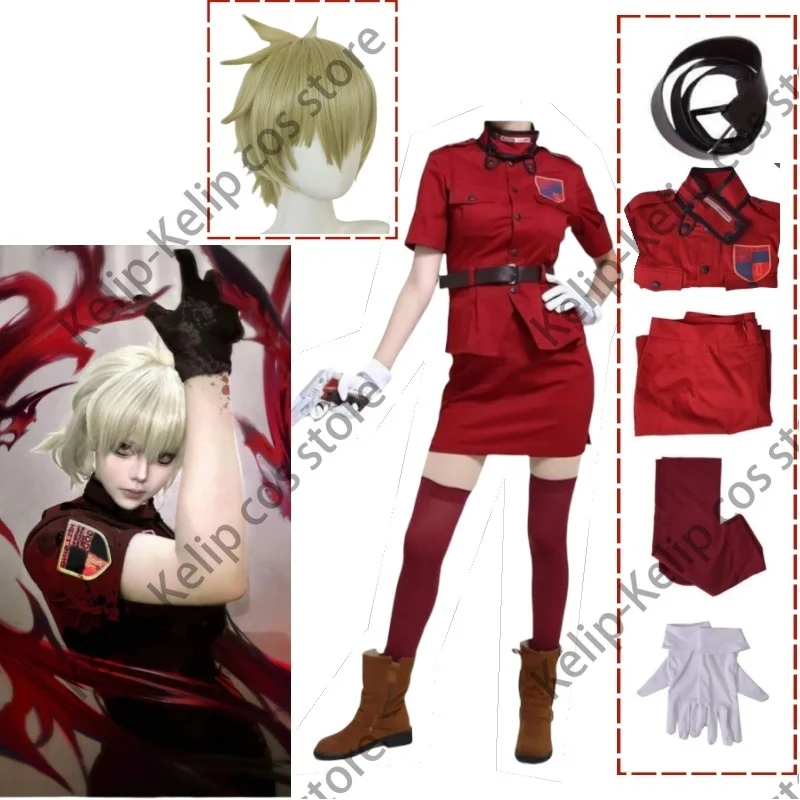 Disfraz de Anime Comic Hellsing Herushingu Seras Victoria para mujer, uniforme de policía rojo de vampiro, falda, peluca, traje de Carnaval Sexy