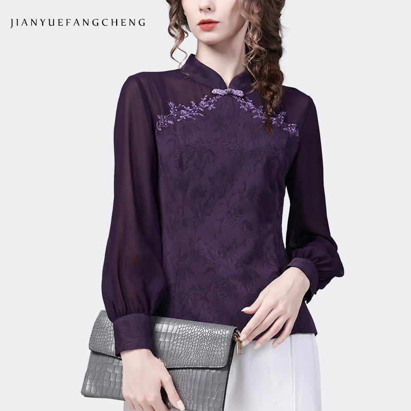 Women Autumn New Long Sleeve Stand-up Collar Purple Embroidered Shirt Vintage Casual Chinese Style Ladies Tops And Blouses