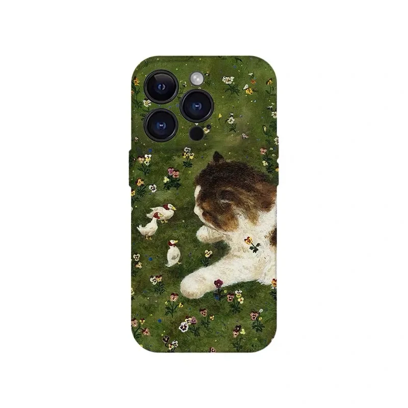 

Green Oil Painting Grass Cat Phone Case for IPHONE 17 Air 16E 15 PROMAX 14 Plus 13 12 MINI 11 PRO 16Plus XR Acrylic Phone Cover