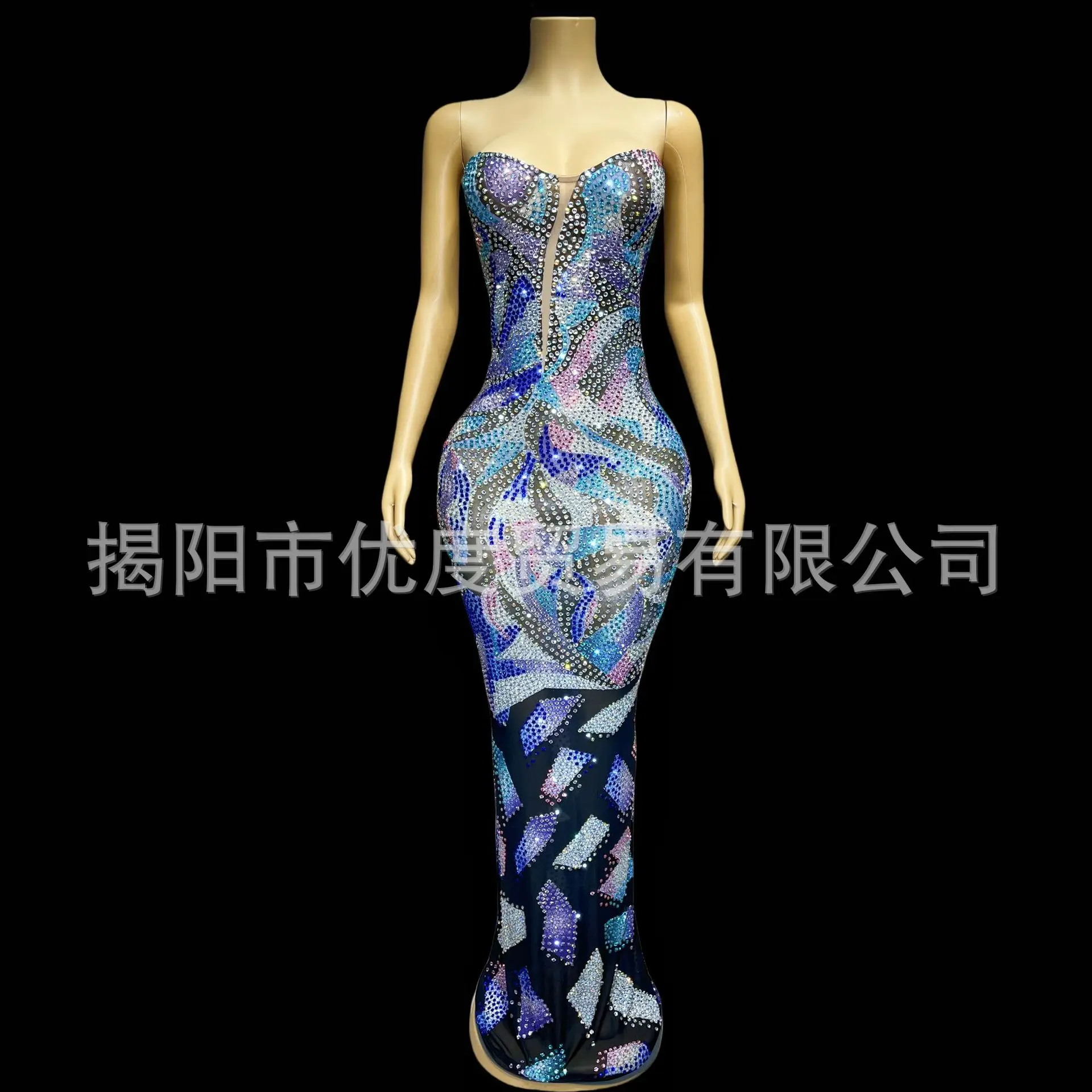 Indústria pesada artesanal strass tubo superior desempenho terno feminino cantor palco desempenho terno brilhante vestido elástico bunting