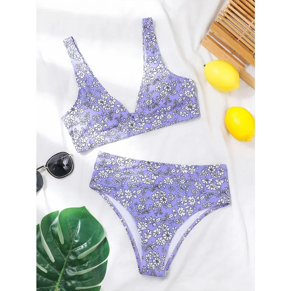 2024 New Purple Bikini Two-piece Print Swimsuit Women Sexy V-neck Backless Beach Bathing Suit High Waist Summer Swimwear