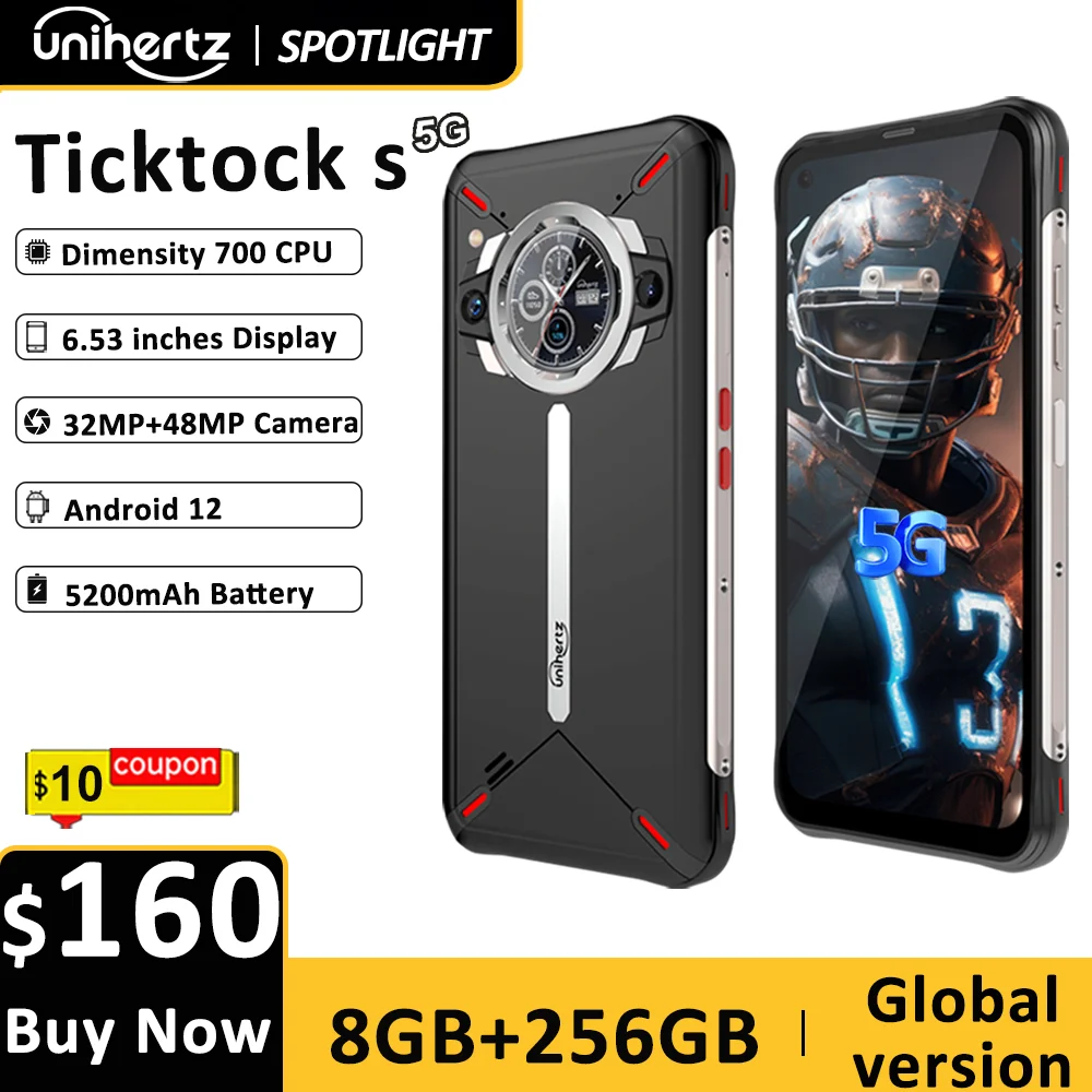 Unihertz Ticktock-S Slim Rugged 5G Smartphone 8GB 256GB Cell Phone 5200mAh Dual Screen Mobile Phone 64MP Camera Dimensity 700