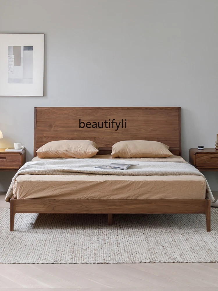 North America Black Walnut Wooden Bed Nordic Full Solid Wood Bed Furniture Master Bedroom Double Minimalist Marriage Bed