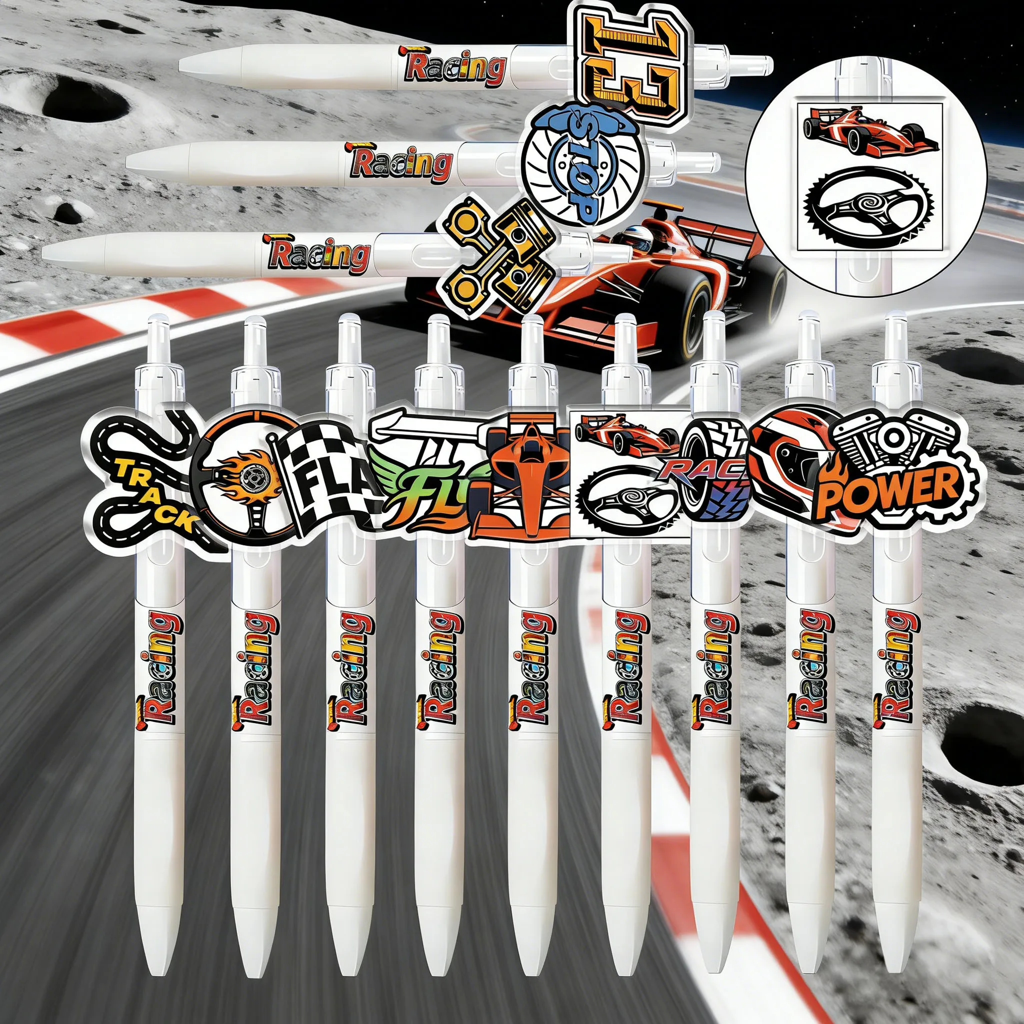 

12pcs/19pcs Cool Racing Pattern Ballpoint Pen White Non slip Pen Holder Comfortable Grip Office Pen