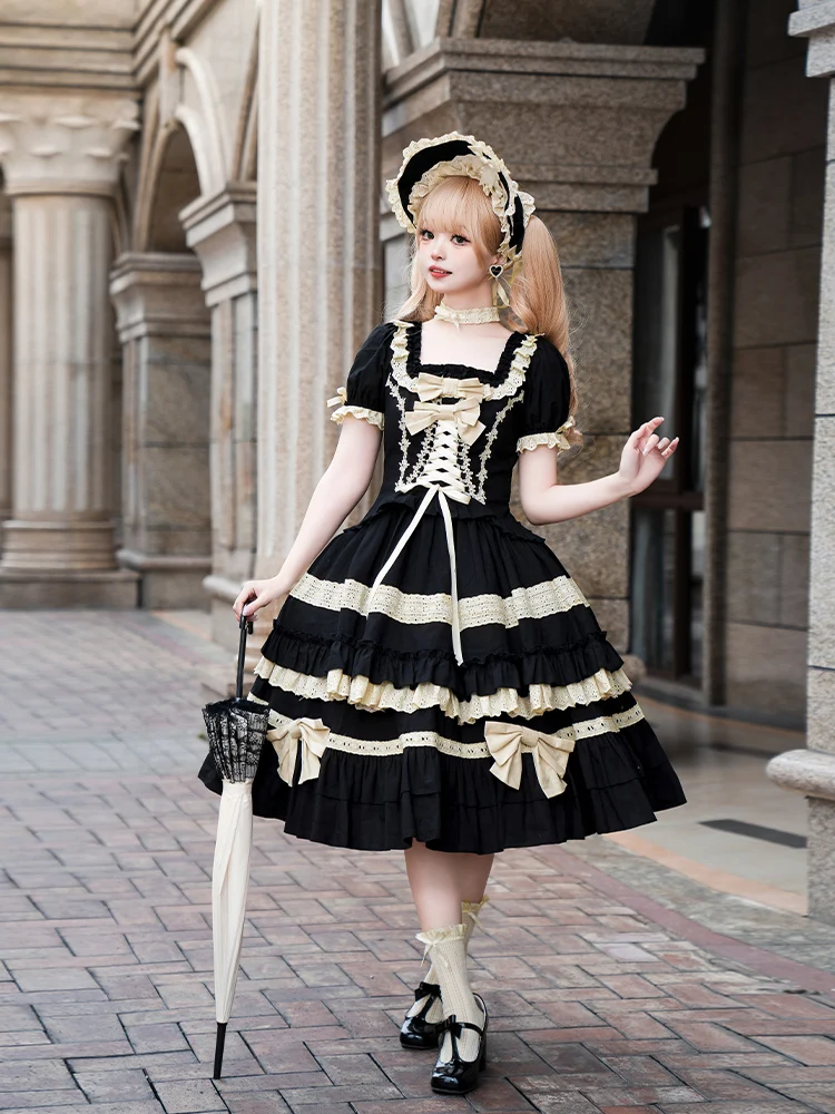 Japanese Sweet Lolita Op Dress Women Elegant Gothic Short Sleeve Princess Party Dresses Victorian Girly Harajuku Kawaii Party