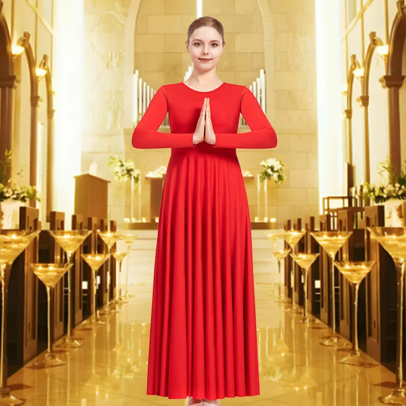 فستان رقص نسائي فضفاض مناسب لعيد الميلاد بطول كامل وأكمام طويلة للبالغين، ملابس علوية ليتورجية لعبادة الكنيسة بدون المنشعب