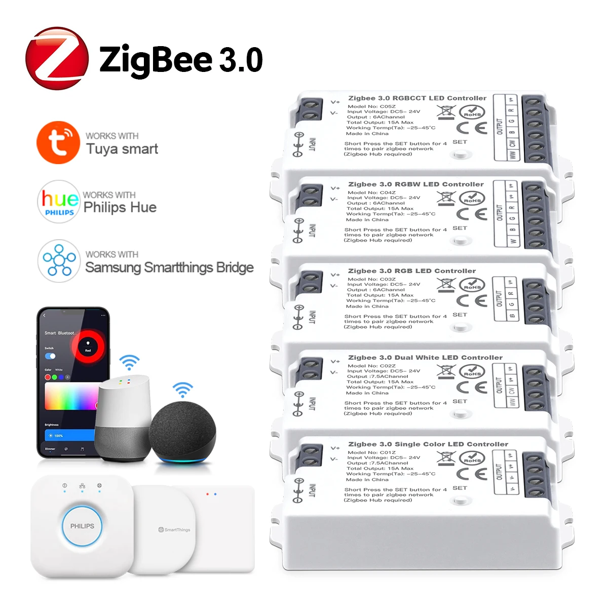 Zigbee 3.0 CCT RGBW RGB Controller LED Strip Smart Dimmable Wifi LED Dimmer Współpracuje z Tuya Gateway HueBridge SmartThings Bridge